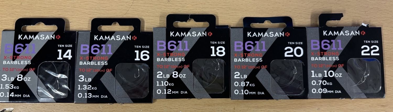 KAMASAN B611 X-STRONG BARBLESS HOOKS TO NYLON, Size: SZ14  3LB 8OZ