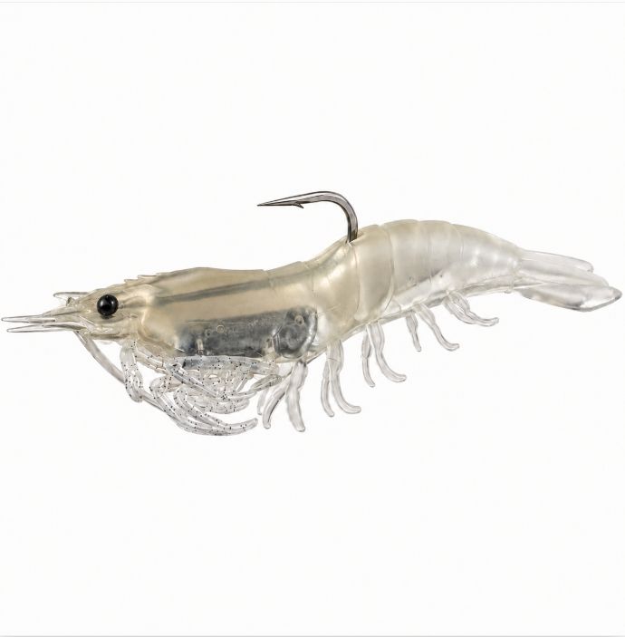 LIVETARGET Rigged Shrimp 100mm 14g Pre Rigged Soft Plastic Lure 4per packet, Colour: SSF100SK919 Clear