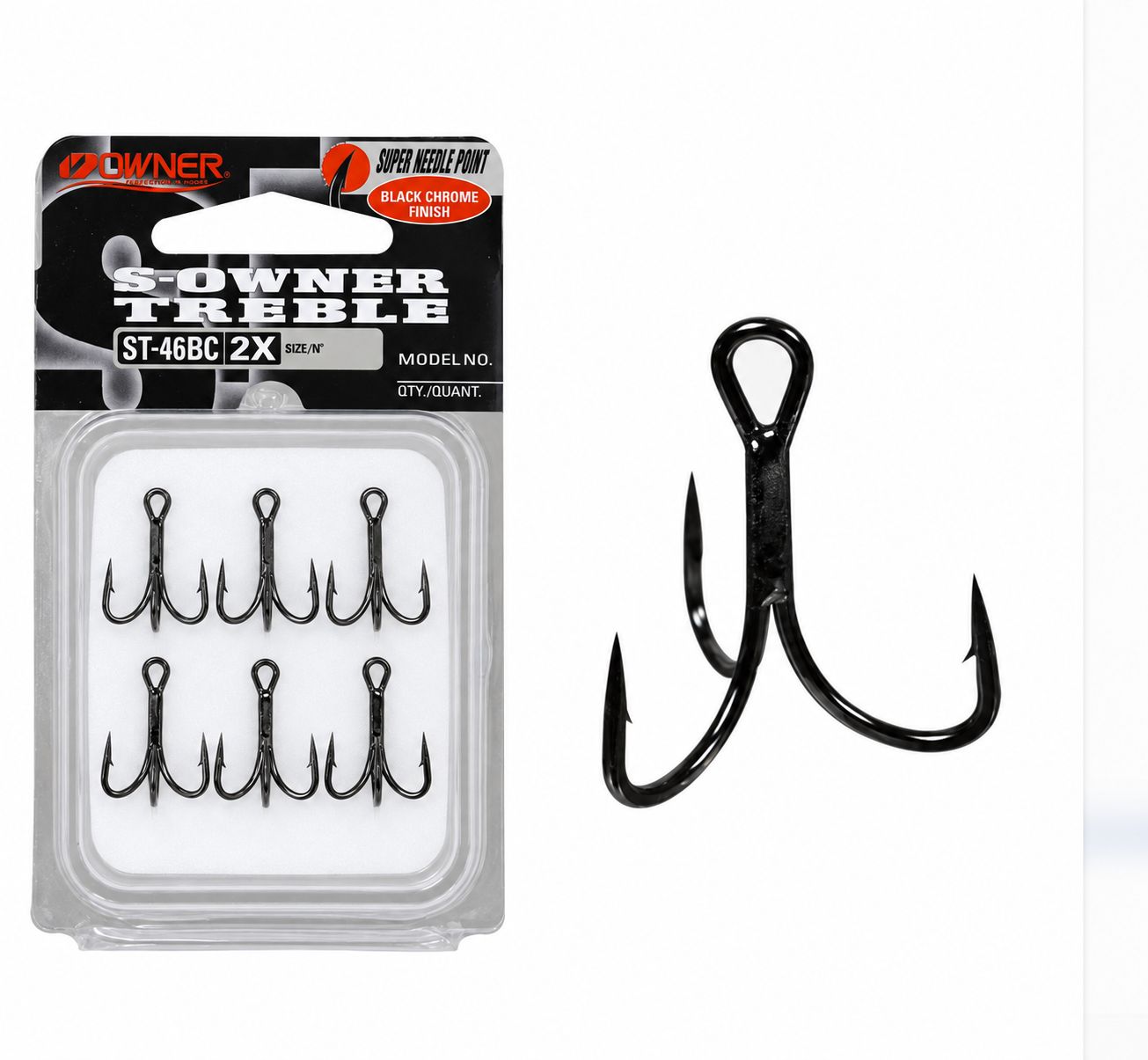 Owner ST 46BC 2X Strong Treble Hooks Black Chrome, Size: 1