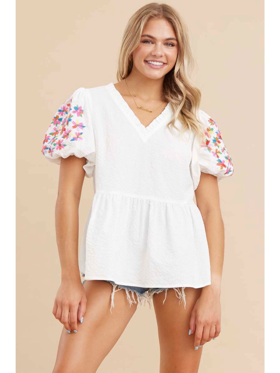 Baby Doll Top w/Embroidery Sleeves, Size: S