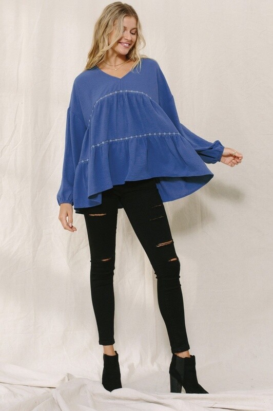 Solid Tiered V-Neck Blouse