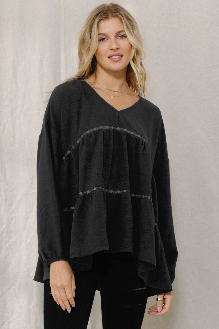 Solid Tiered V-Neck Blouse, color: BLACK, Size: S/M