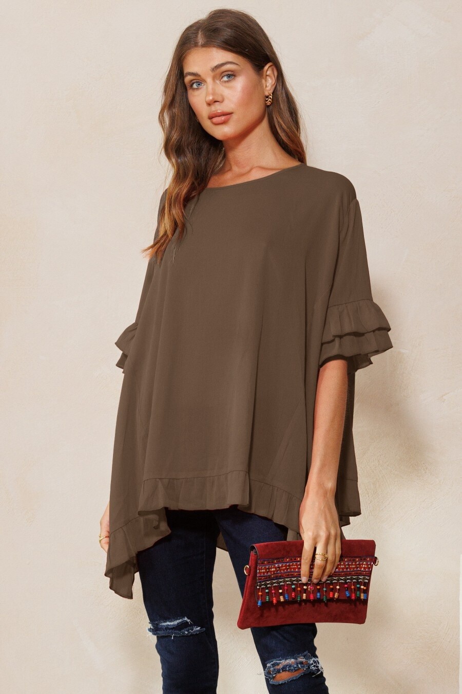 Solid Asymmetrical Blouse, color: Mocha