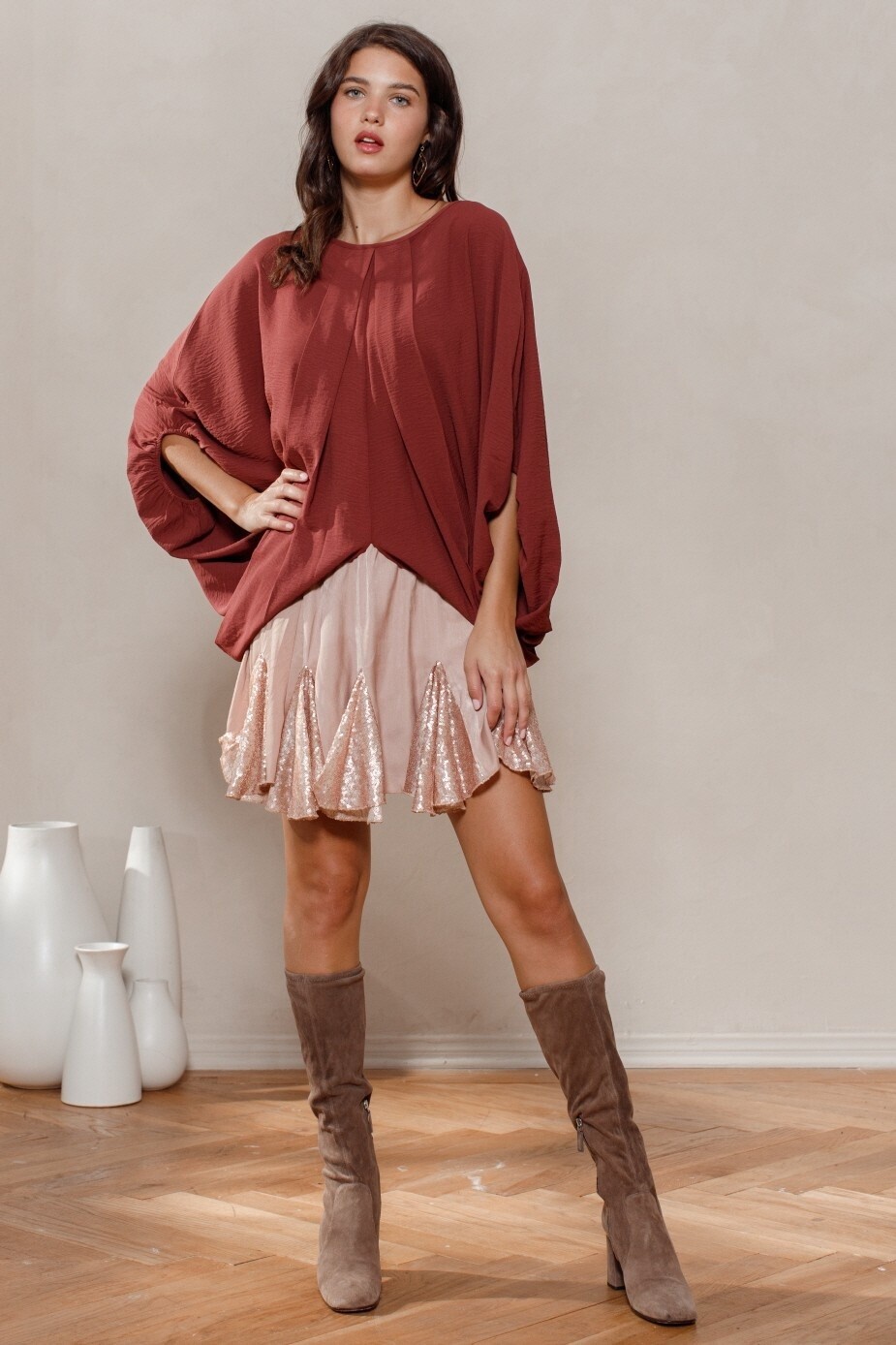 Printed Pleats Detailed Top, color: Brick Red, Size: S/M
