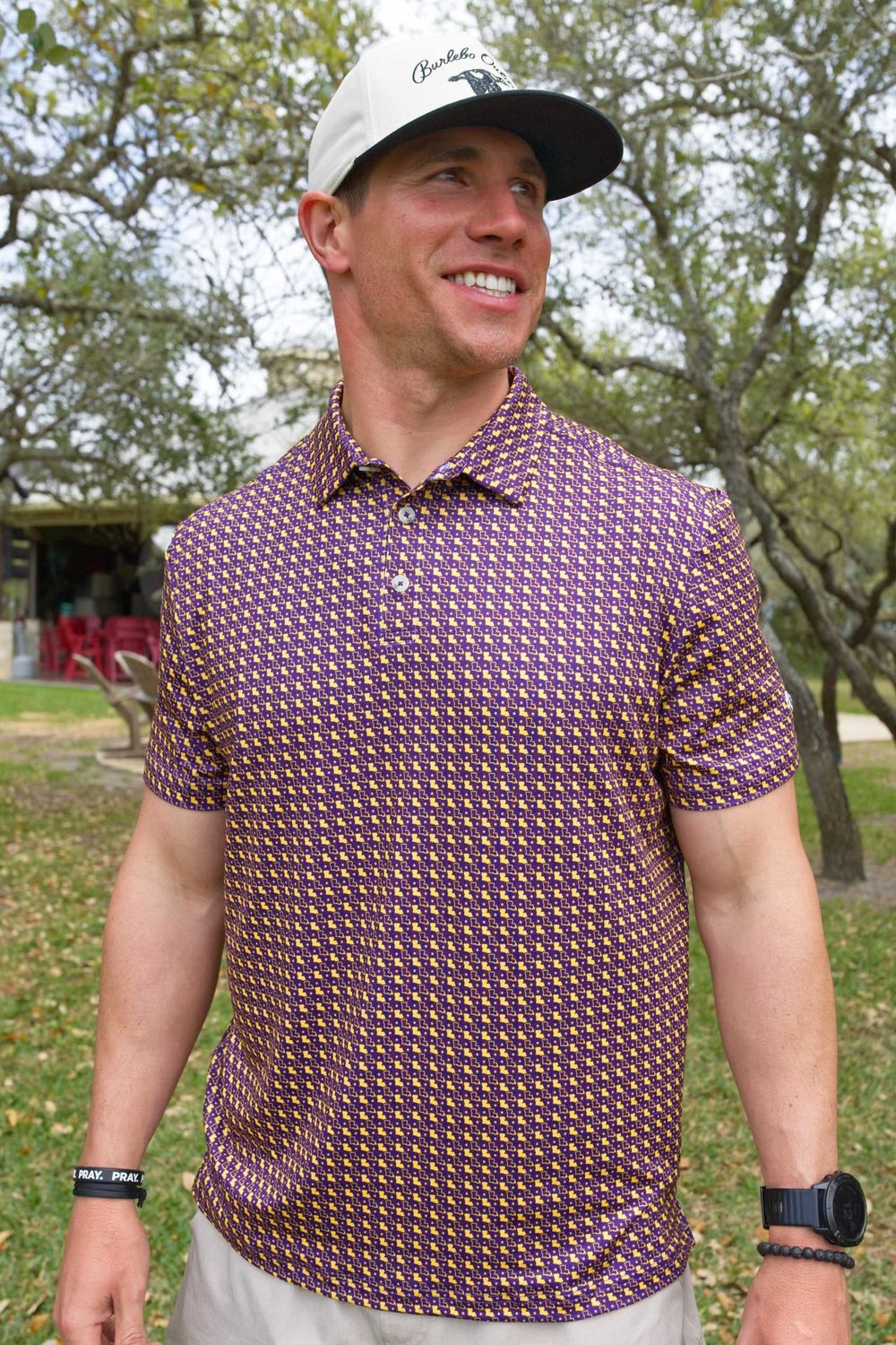 Performance Polos, Pattern: LA Purple, Size: S