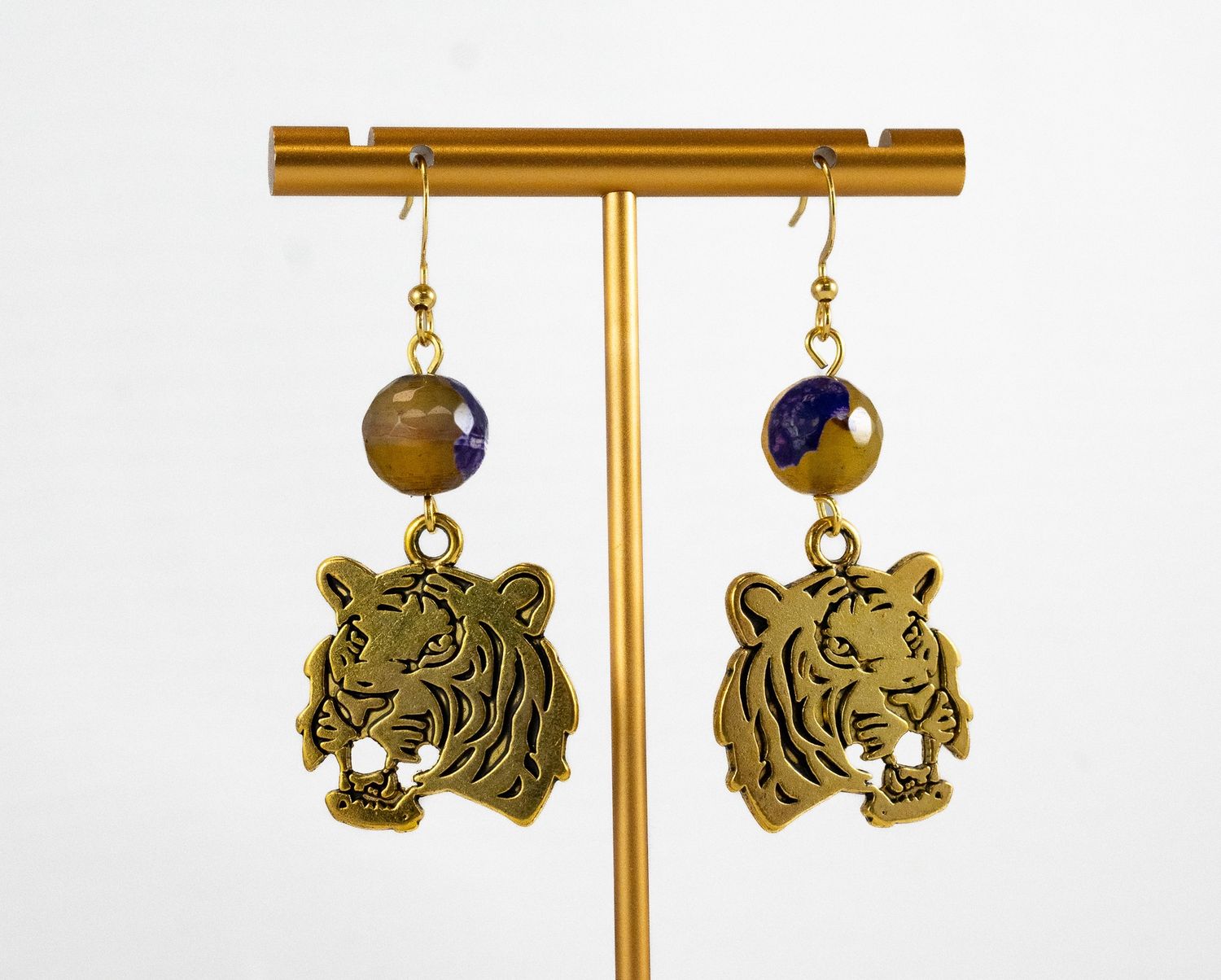 Tiger Earrings w/Purple/Gold bead