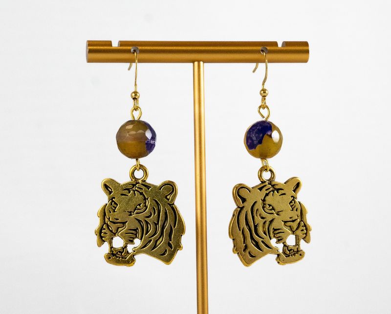 Tiger Earrings w/Purple/Gold bead
