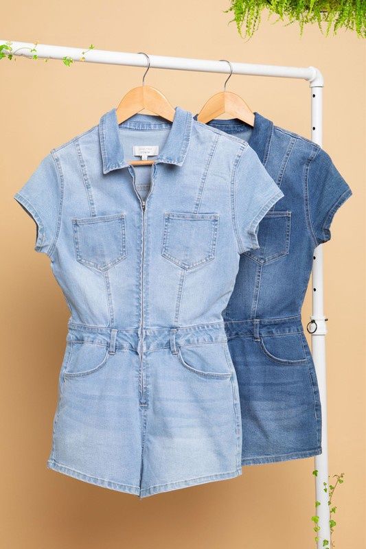 Denim Zipper Front Rompers