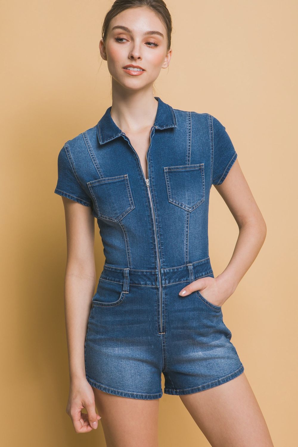 Denim Zipper Front Rompers, color: Dark Denim, Size: S