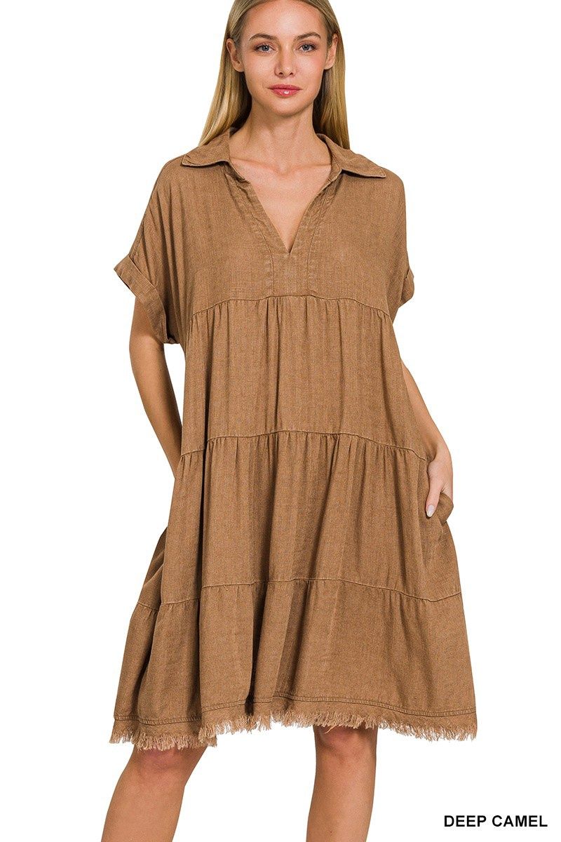 Washed Linen Raw Edge Dress, color: Deep Camel, Size: S/M
