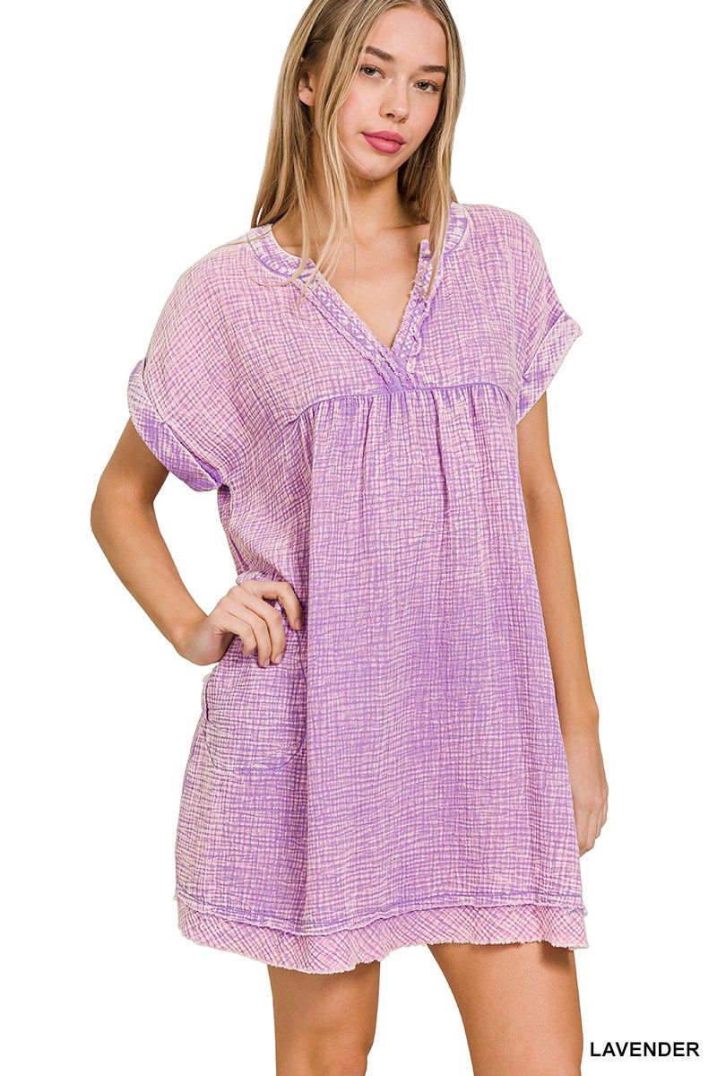 Washed Double Gauze Dress, color: Lavender, Size: S