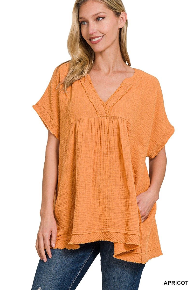 Double Gauze V Neck Shirt, color: Apricot, Size: S