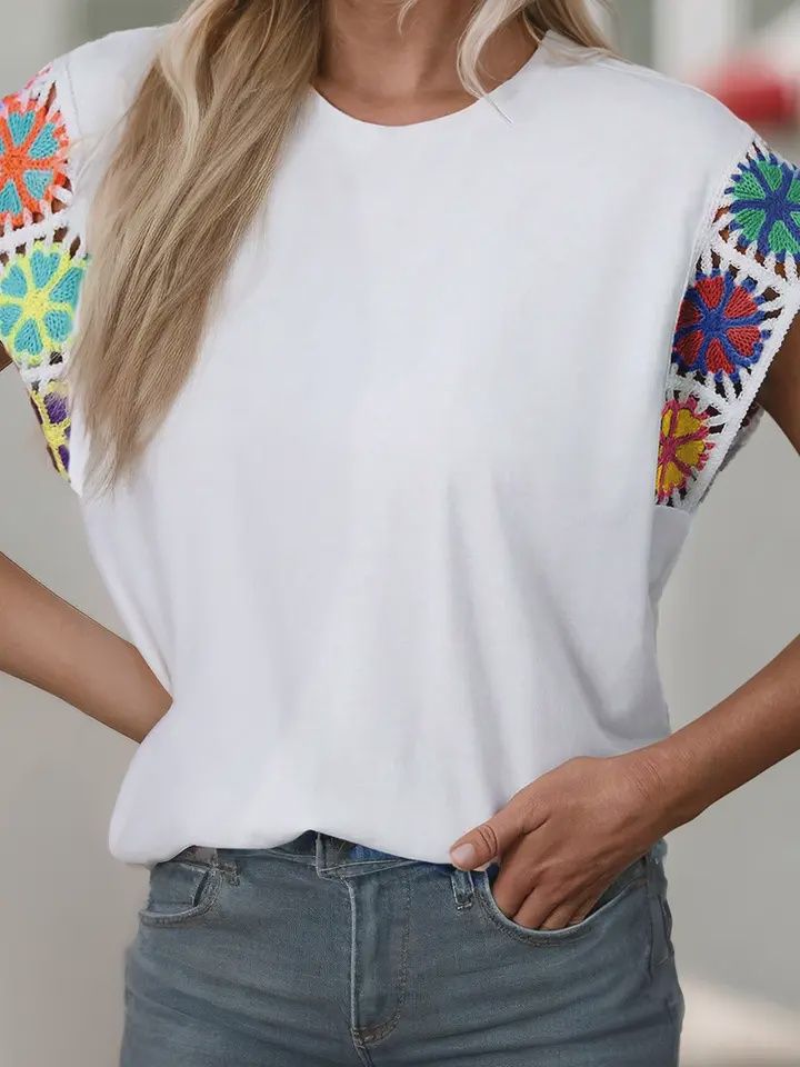 Floral Crochet Cap Sleeve Blouse, Size: S