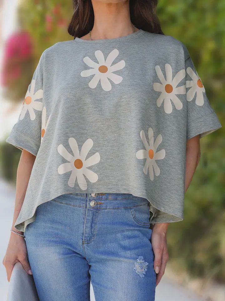 Big Flower Printed Loose Fit Tee, color: Gray, Size: S