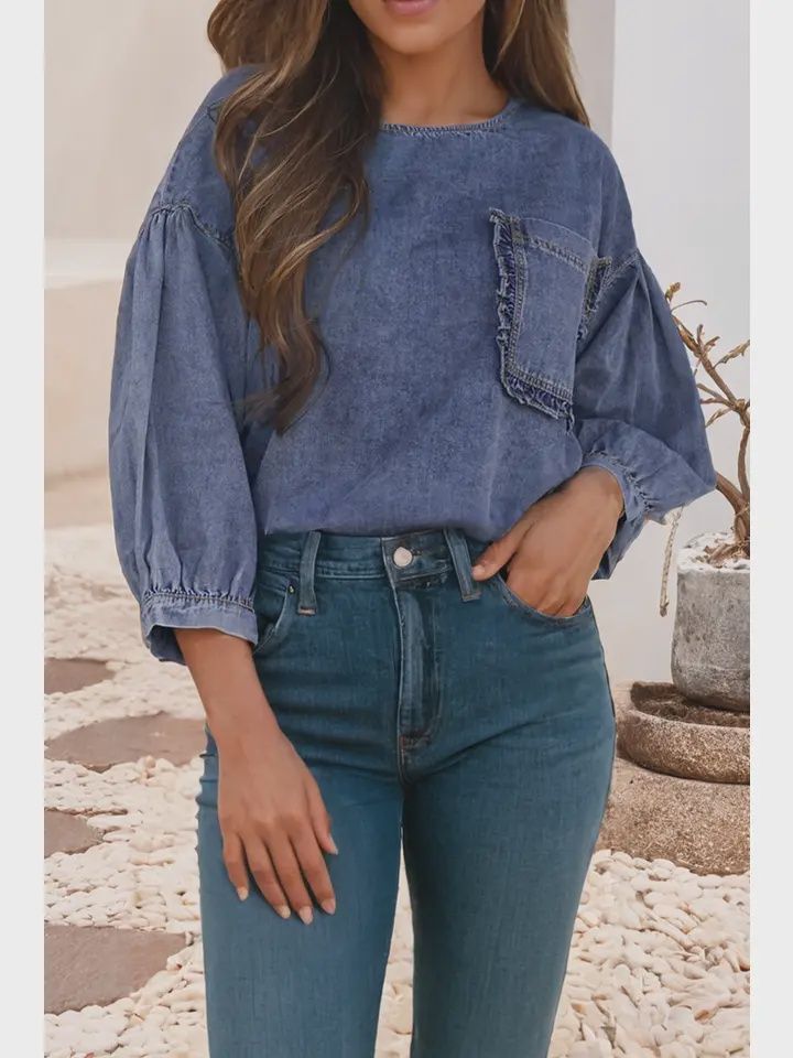 Frill Puff Sleeve Pocket Denim Top