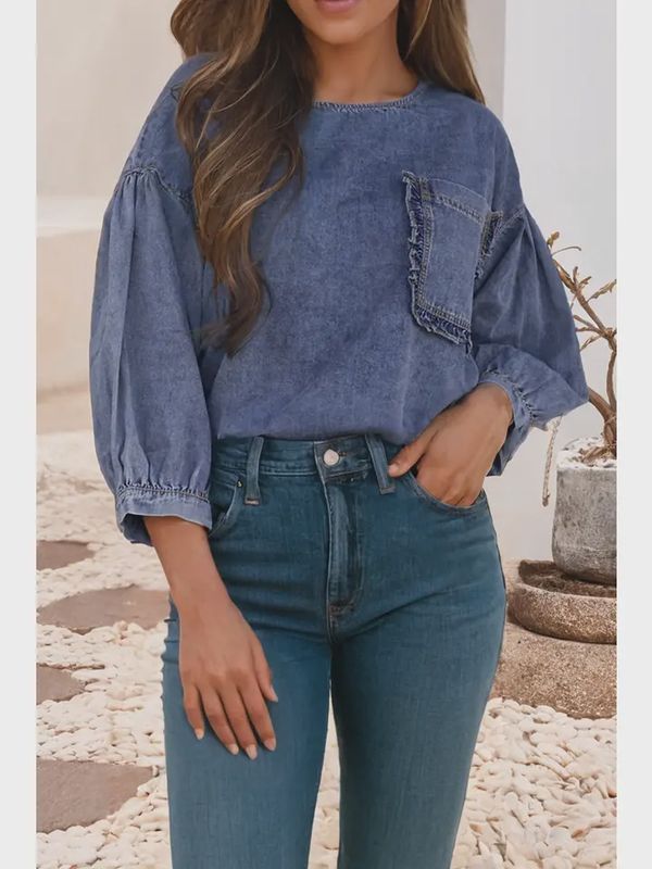 Frill Puff Sleeve Pocket Denim Top