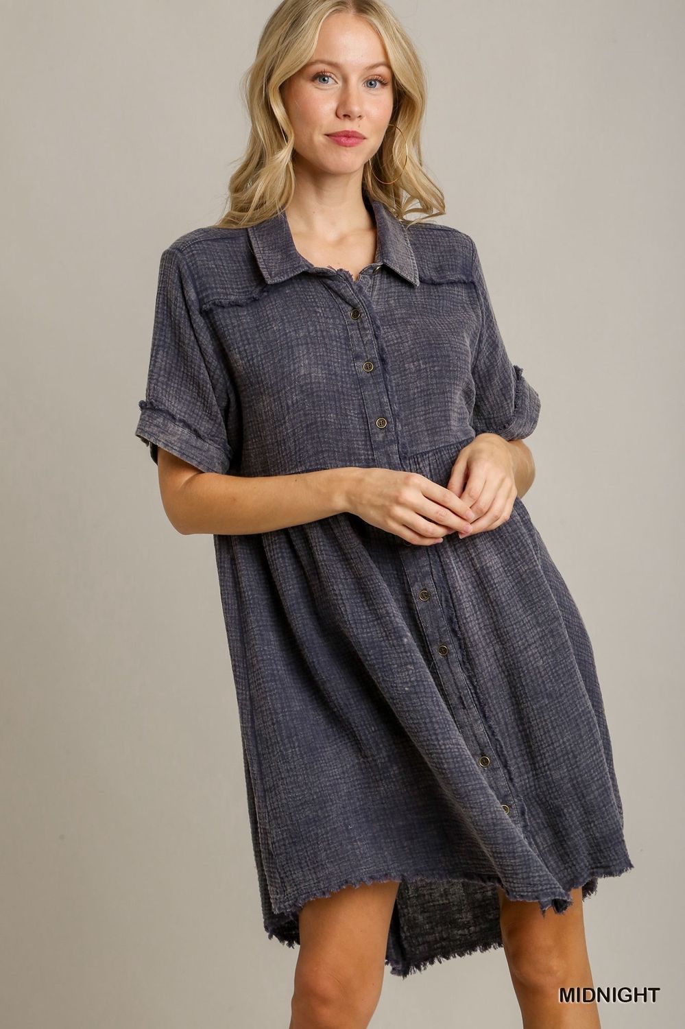 Mineral Wash Collared dress, Size: S, color: Navy