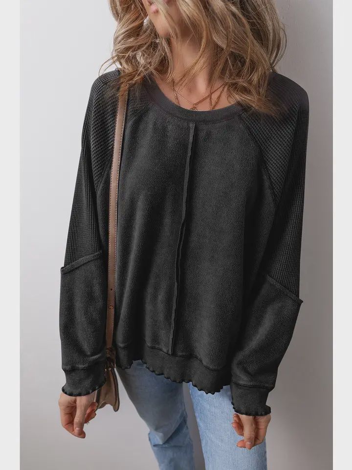 Waffle Raglan Sweatshirt, Size: S, color: Black
