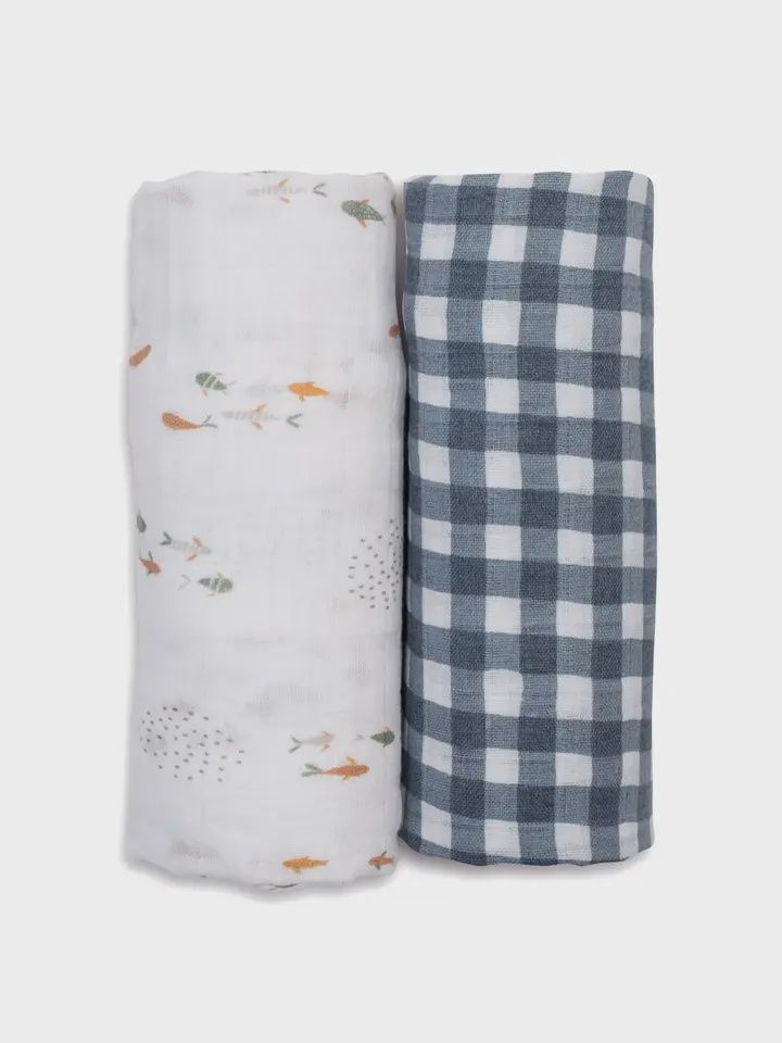 2 Pk Cotton Swaddles, Pattern: Fish/Gingham