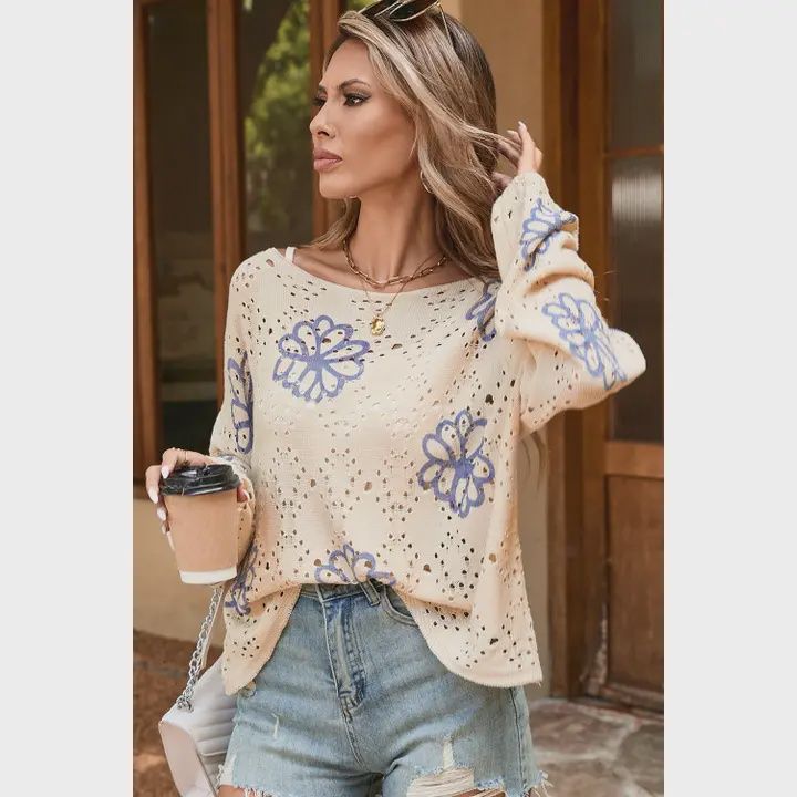 Flower Print Eyelet Sweater