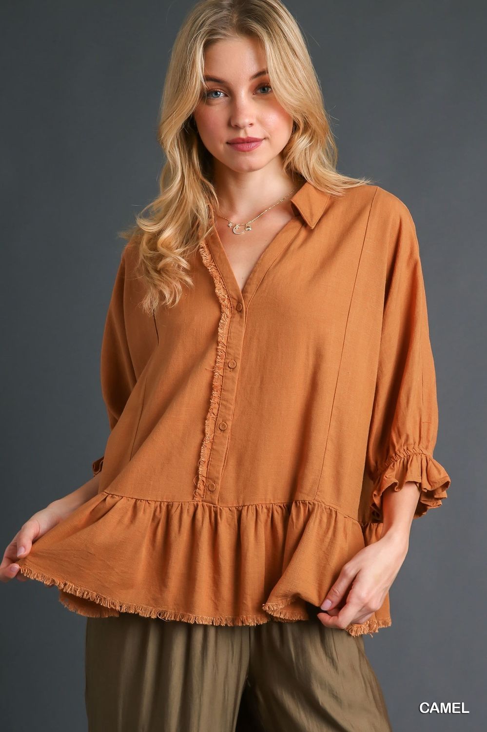 Linen Blend Top w/Frayed Hemline, color: Camel, Size: S