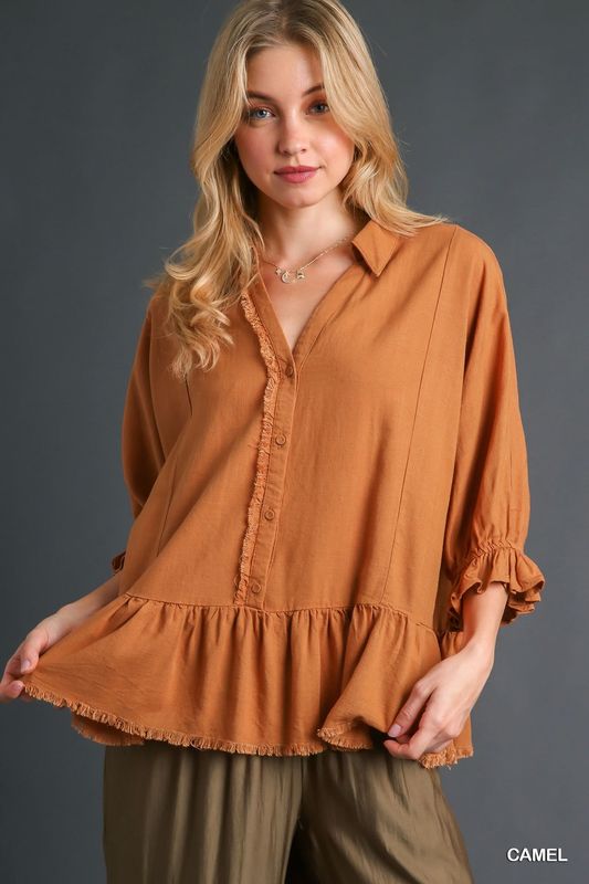 Linen Blend Top w/Frayed Hemline