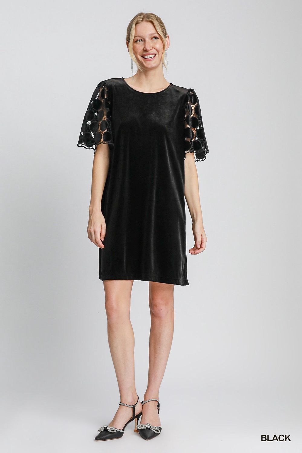 Velvet Shift Dress w/Dotted Lace