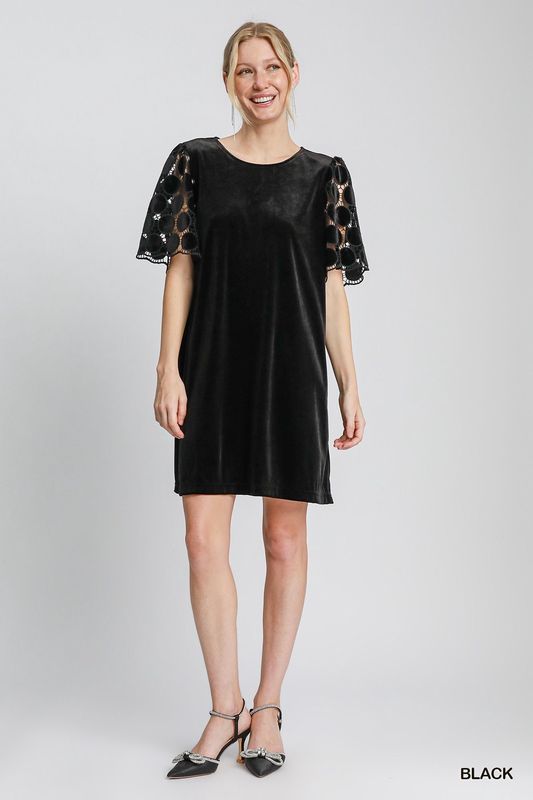 Velvet Shift Dress w/Dotted Lace