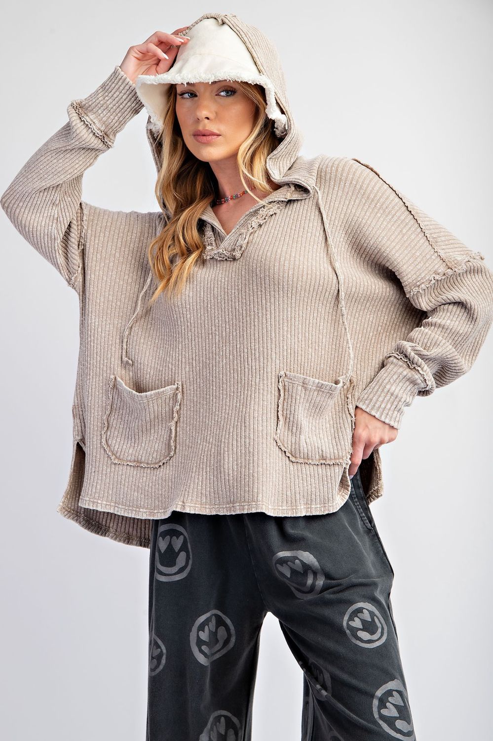 Rib Knit Hoodie Pullover, color: Mocha, Size: S