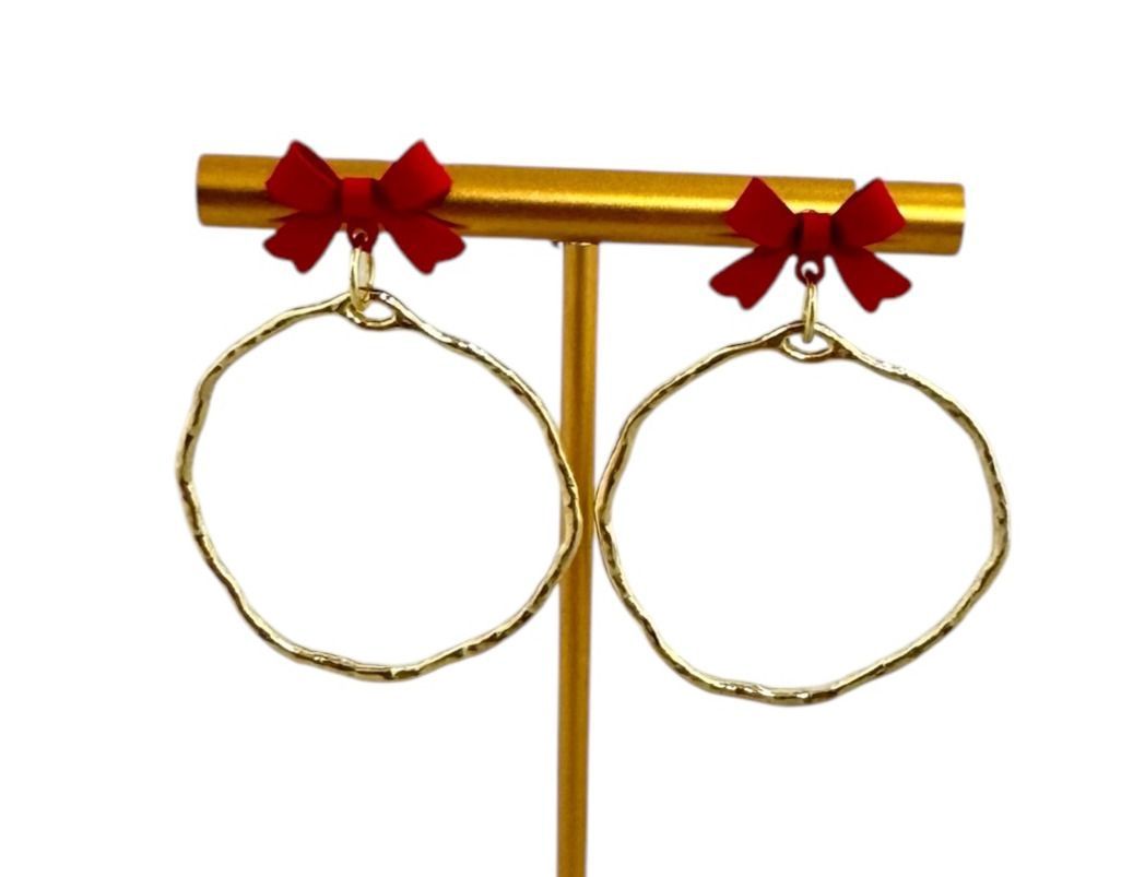 Red Bow Stud w/Gold Hoop