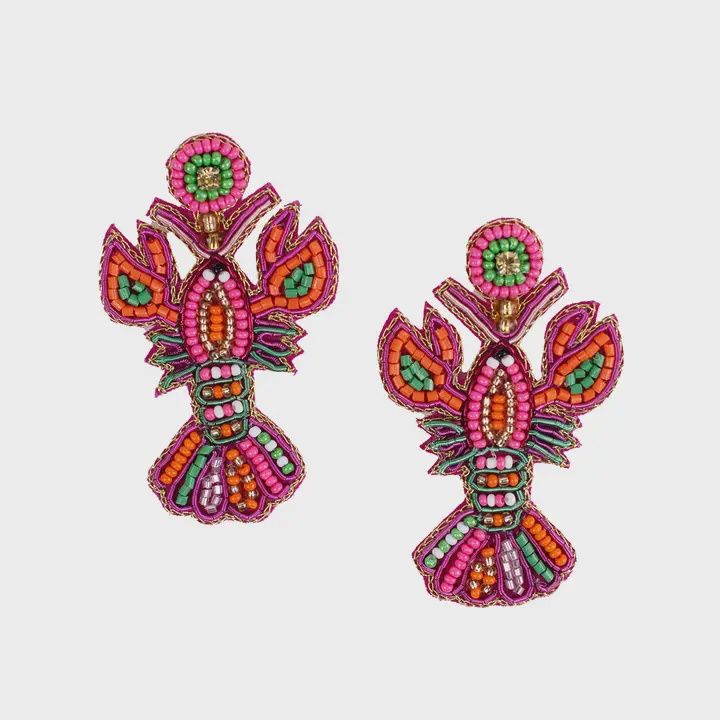 Festive Crawfish Earrings Pink/Green/Orange 2.5&quot;