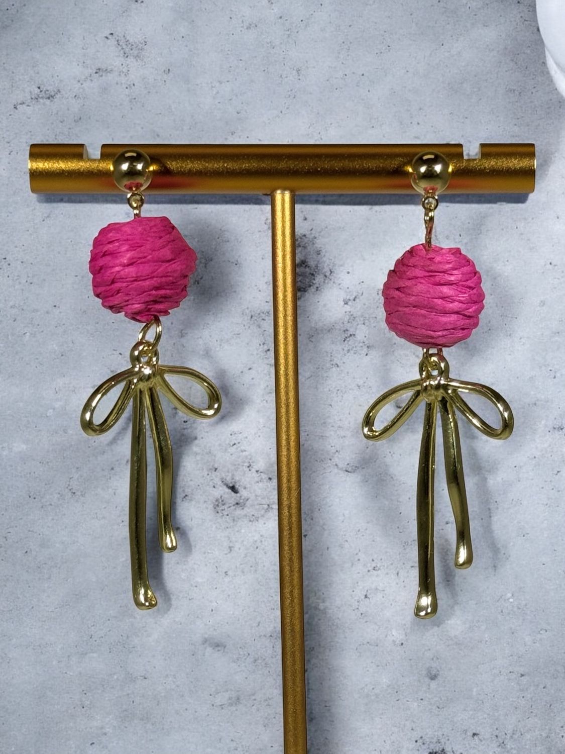 Pink Raffia Earrings, Style: w/Bow