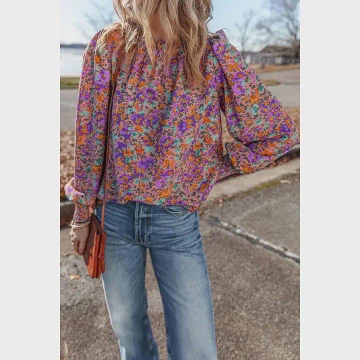 Floral Print Shirred Cuff Blouse