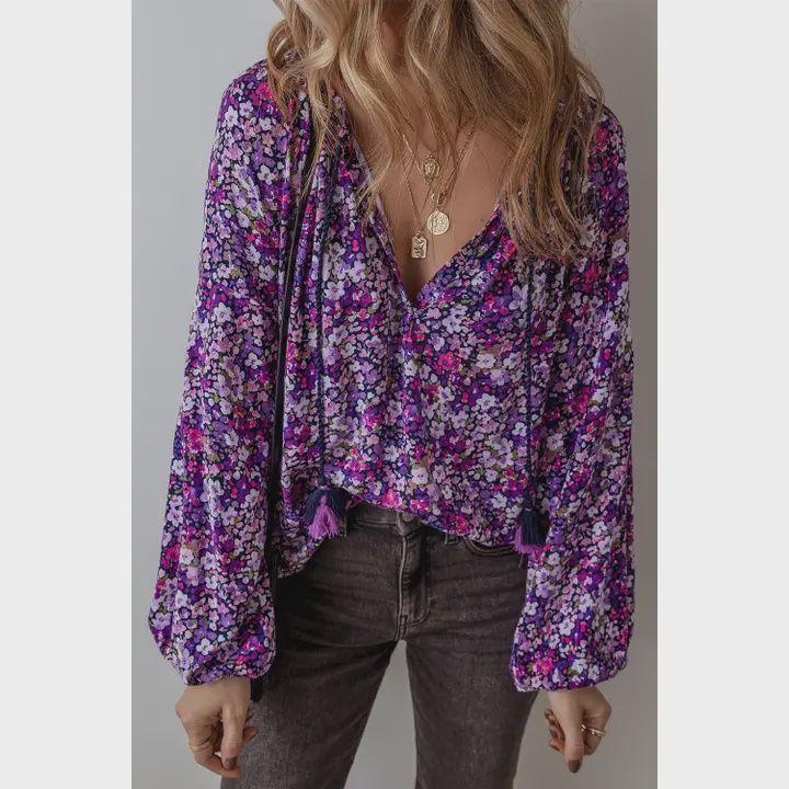 Boho Flower Split V Neck Blouse