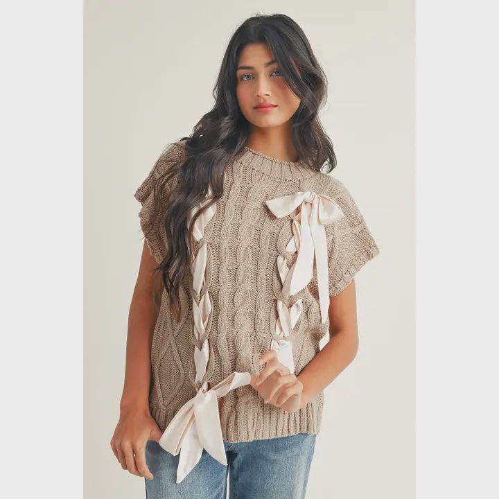 Cable Knit Colorblock Bowknot Sweater, color: Taupe, Size: S