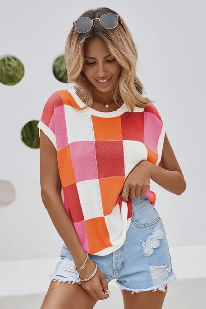 Color Block Cap Sleeve Sweater, color: RED, Size: S