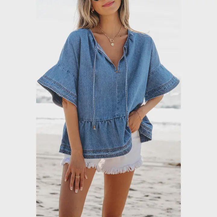 Denim ruffled Sleeve Peplum Top