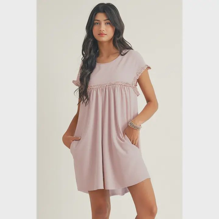 Frilled Trim Loose Fit Mini Dress, color: Oatmeal, Size: S