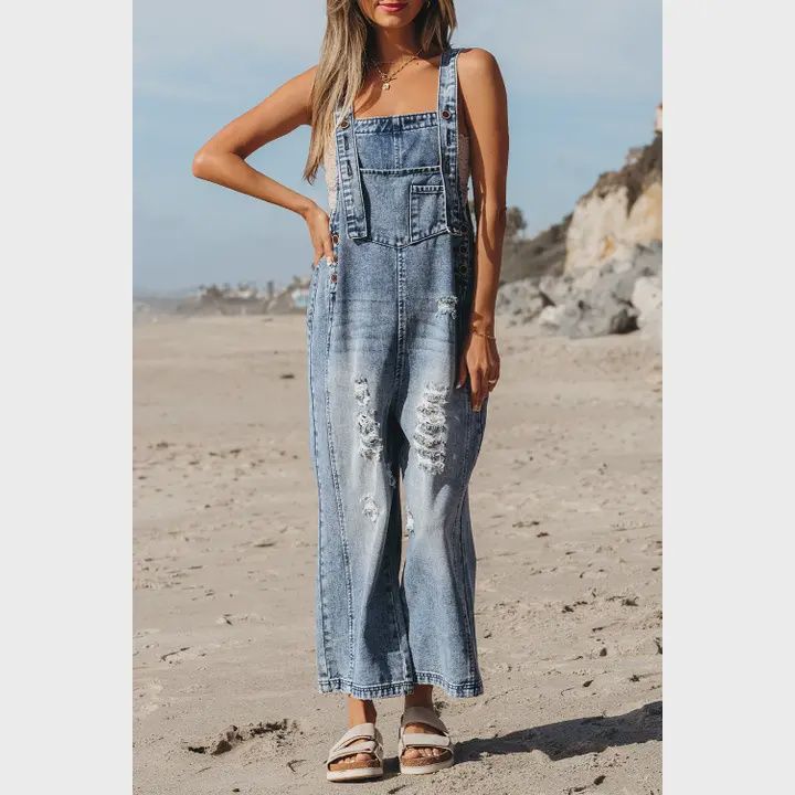 Distressed Bib Wide Leg Denim Overalls