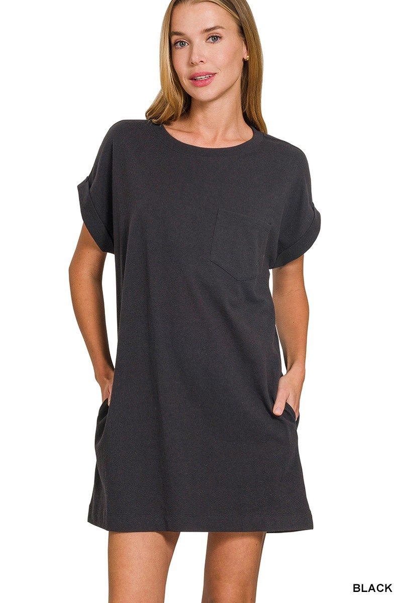 Cotton T-shirt Dress w/Pockets, color: Black, Size: S