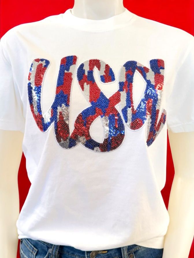 Sequined USA CC Tee, Size: S, color: White