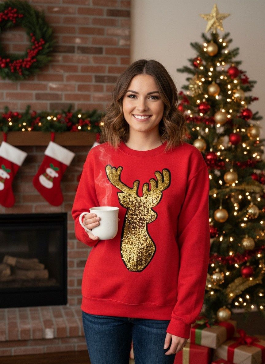 Sequined Deer on Red Crew