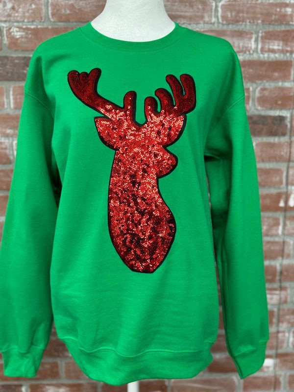 Sequin Deer on Green Crew
