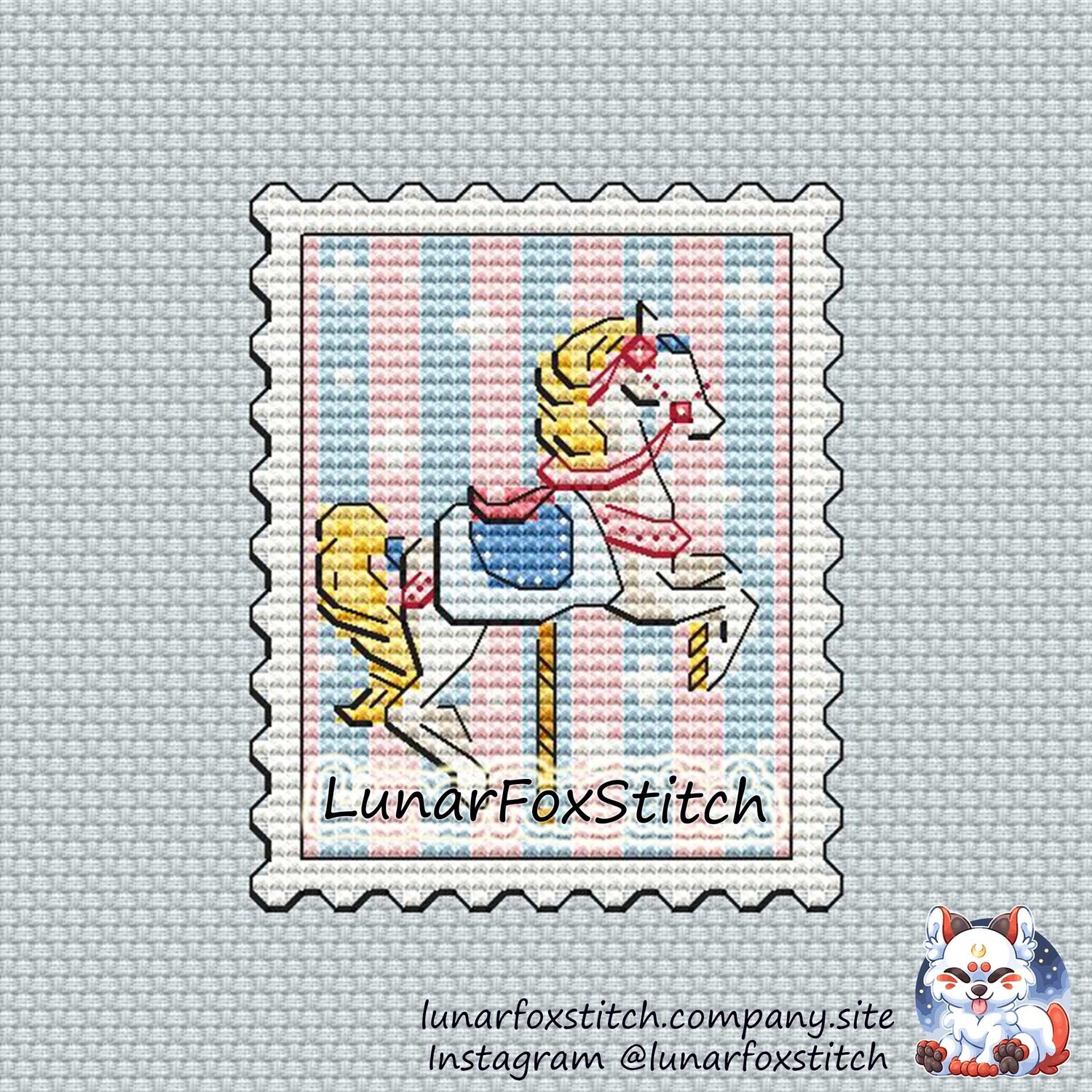 Horse carousel postage stamp cross stitch pattern