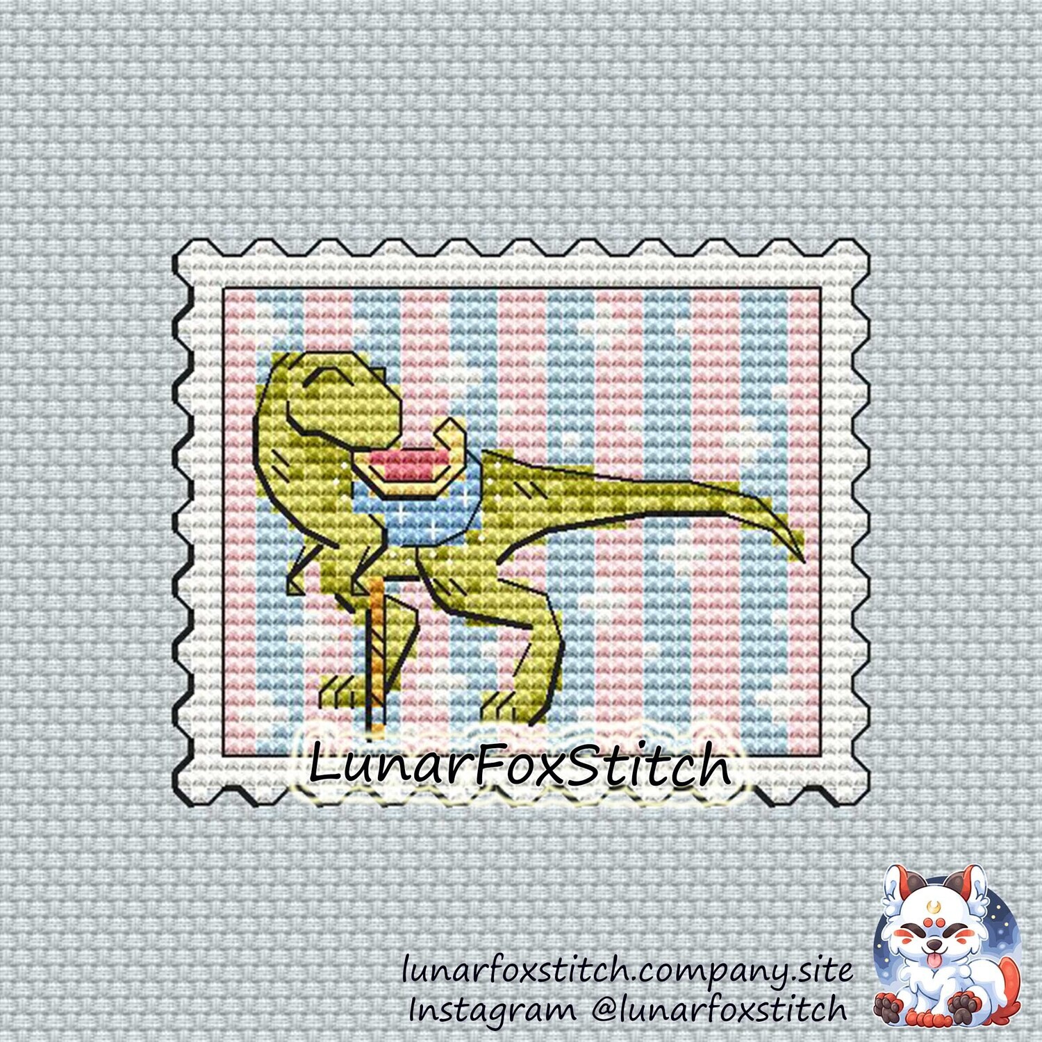T-Rex carousel postage stamp cross stitch pattern