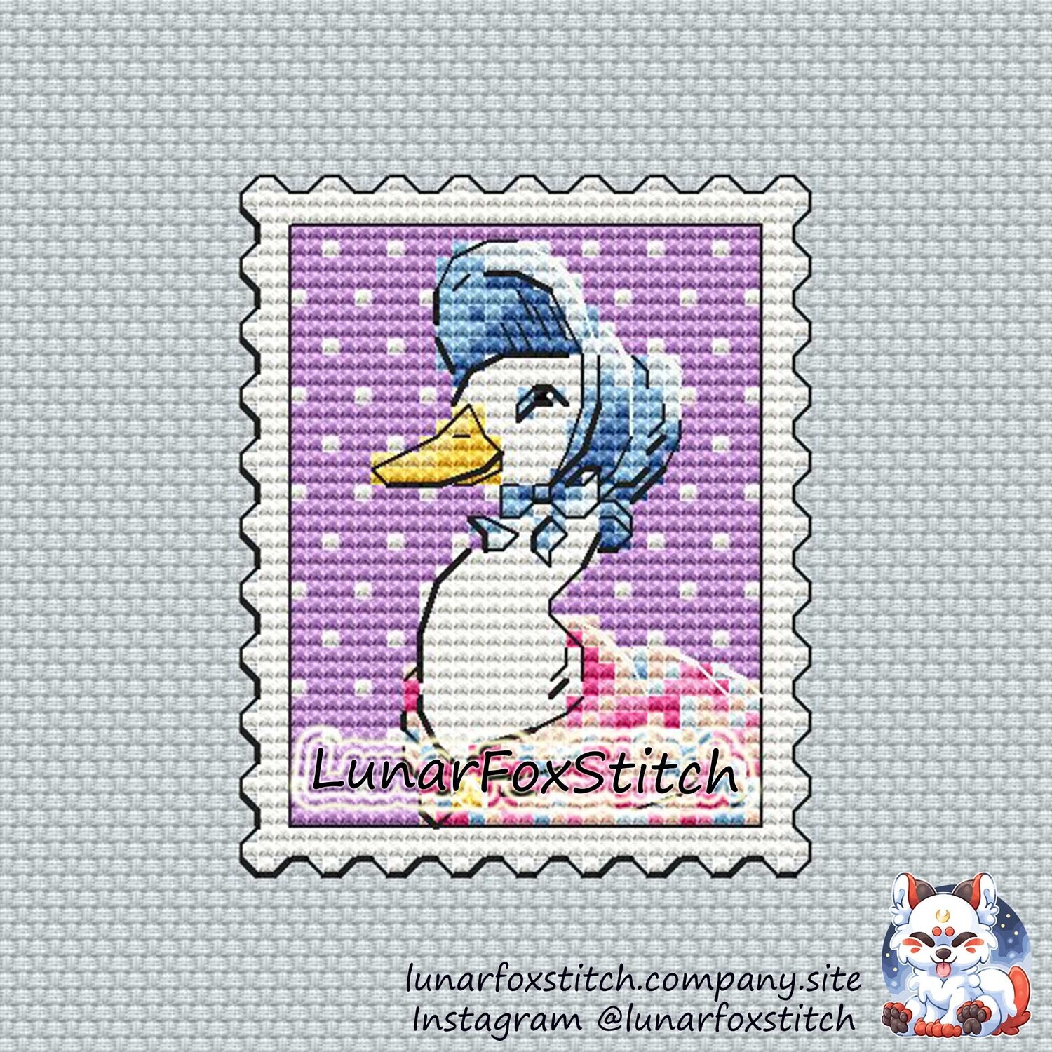 Cute mrs duck postage stamp cross stitch pattern