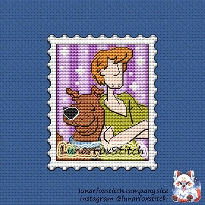 Detective dog and boy postage stamp cross stitch pattern