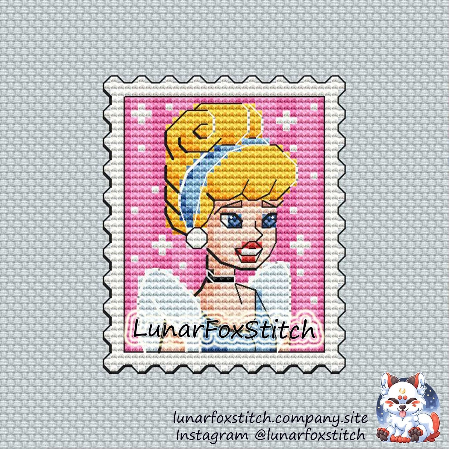 Princess in blue dress postage stamp cross stitch pattern