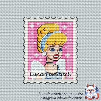 Princess in blue dress postage stamp cross stitch pattern