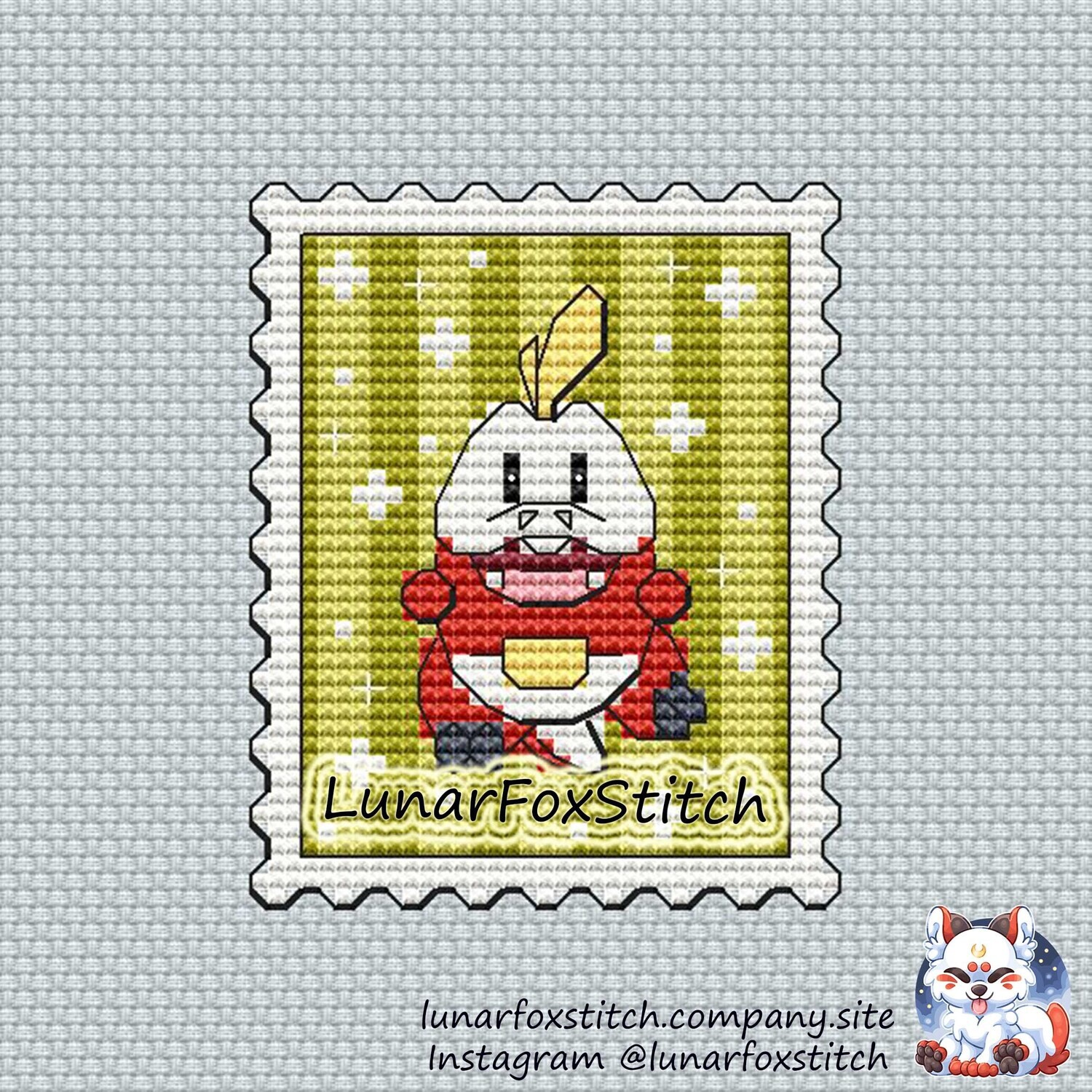 Red dino postage stamp cross stitch pattern